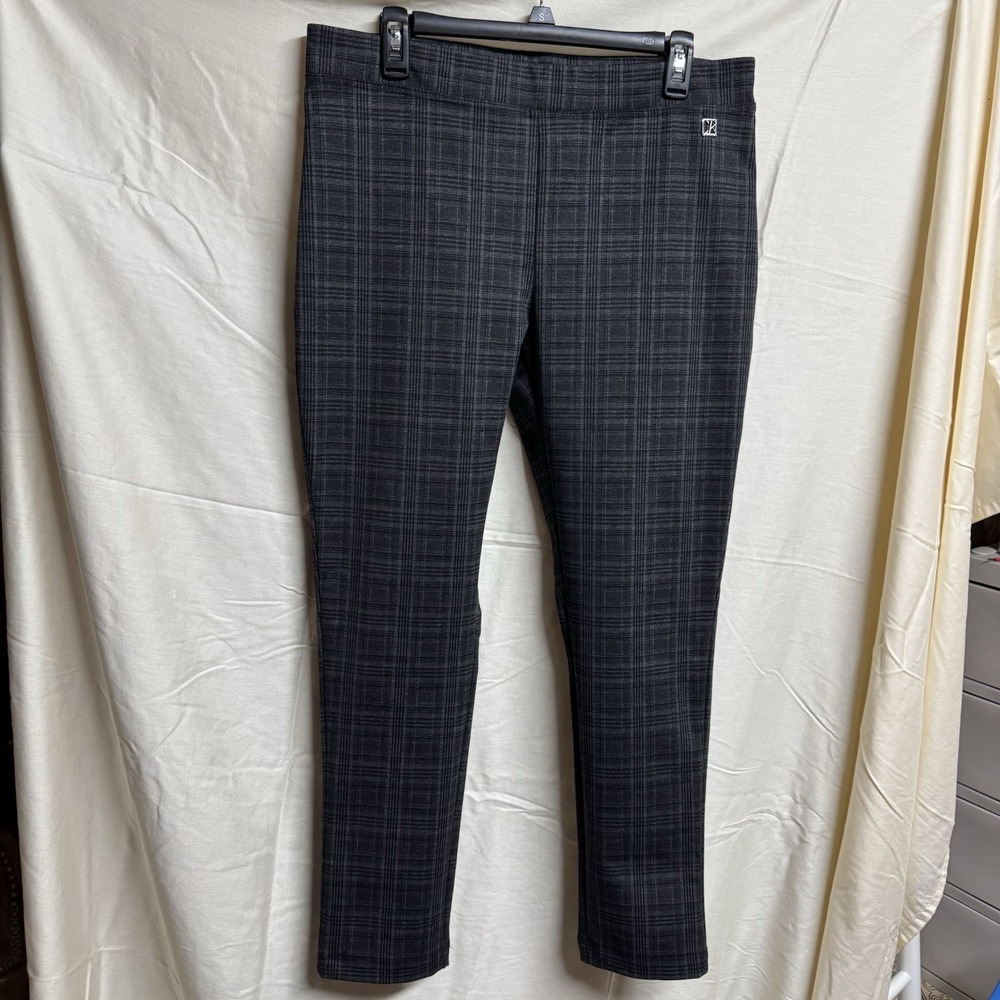 Calvin Klein Womens Sz L Pull On Dress Pants Skinny Leg Gray Plaid Ankle Length